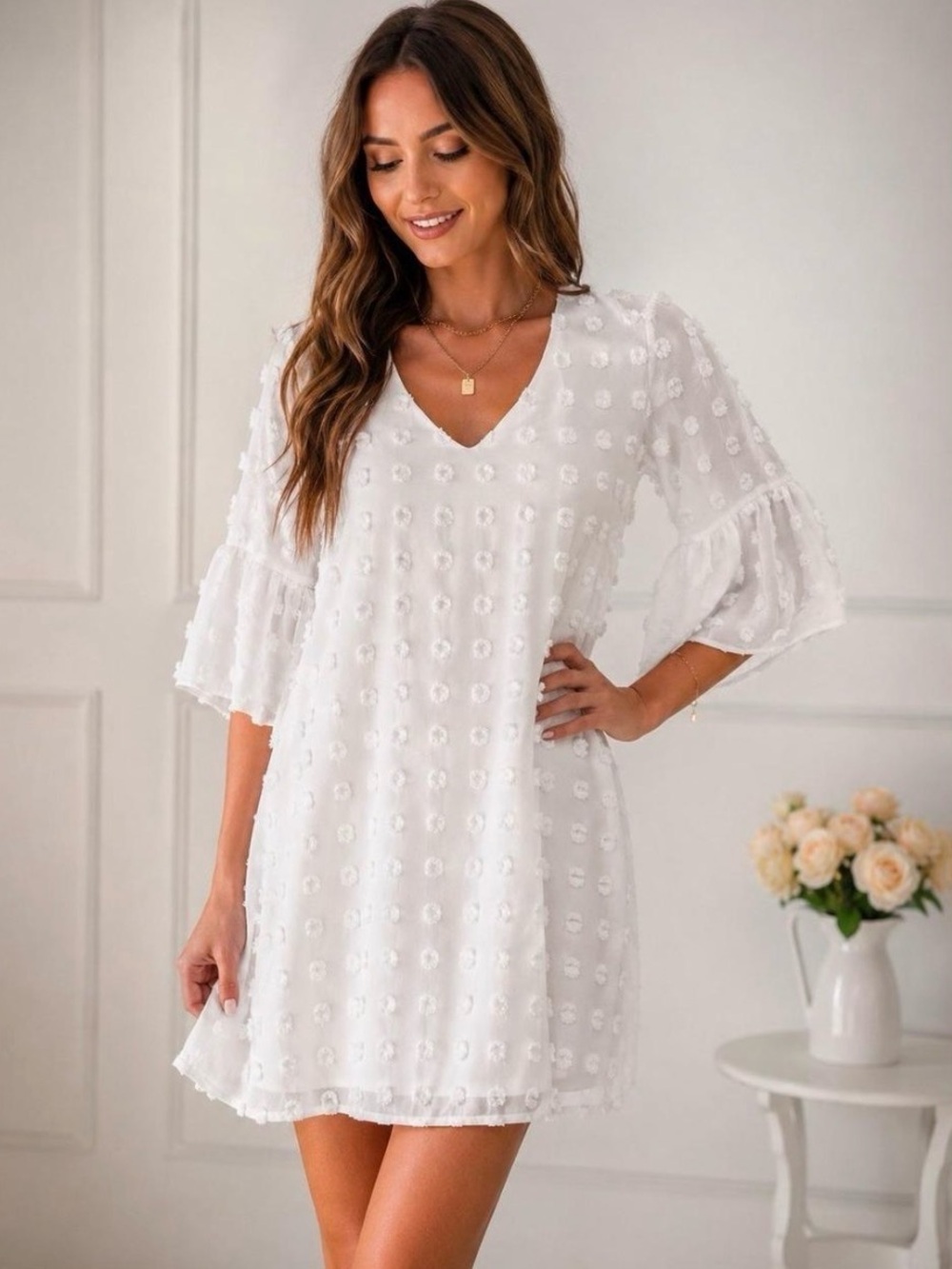 Blooming Jelly White V Neck Sheer Overlay Swiss Dot Mini Bride Dress - Medium